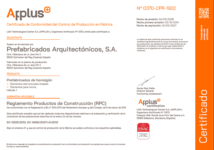 Certificado de Conformidad del Control de Producción en Fábrica – Prefabricados Arquitectónicos