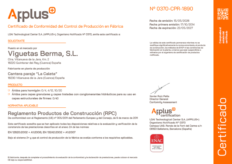 Certificado de Conformidad del Control de Producción en Fabrica – Viguetas Berma, S.L.